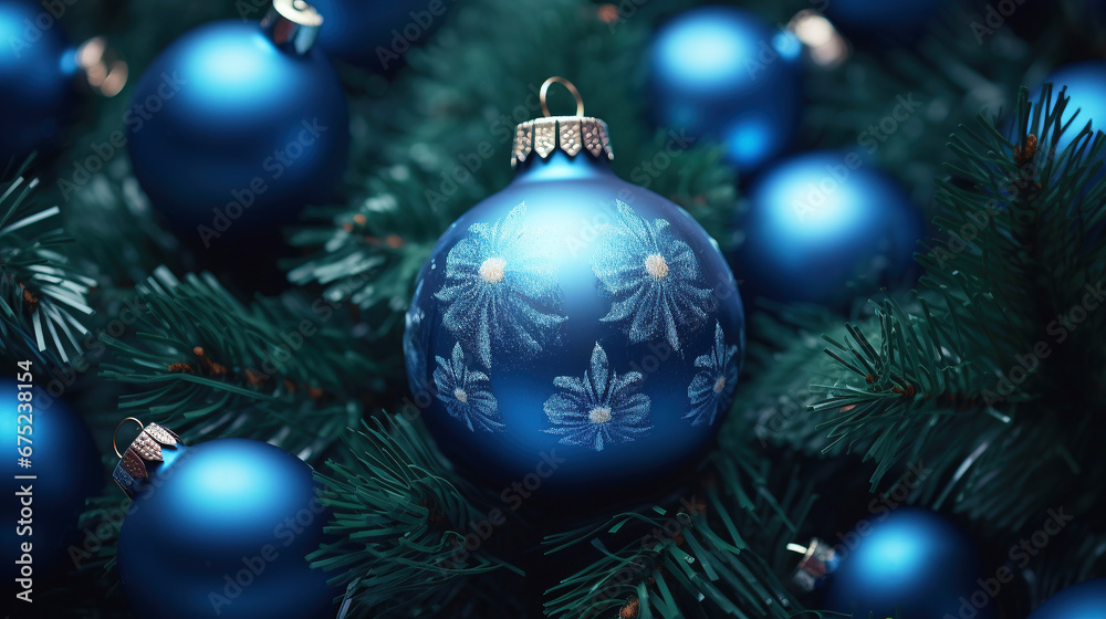 A shimmering blue bauble adorns a Christmas tree, set against a festive backdrop of twinkling bokeh lights, exuding holiday magic A shimmering blue bauble adorns a Christmas tree, set against a festive backdrop of twinkling bokeh lights, exuding holiday magic