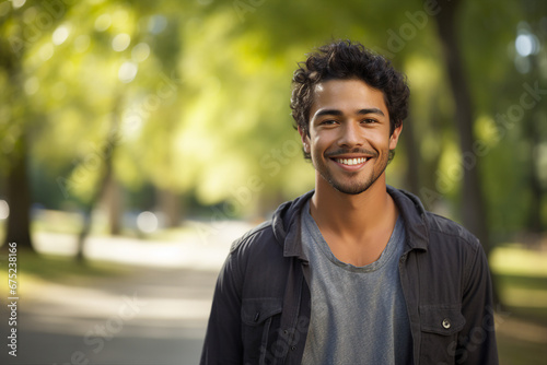 Generative AI picture image of attractive cheerful man walking outdoors summer day