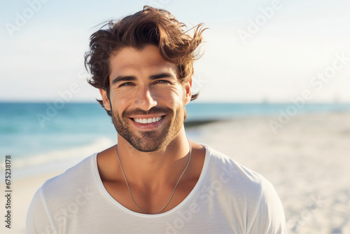 Generative AI handsome successful nice man traveling alone summer sunny day © Tetiana