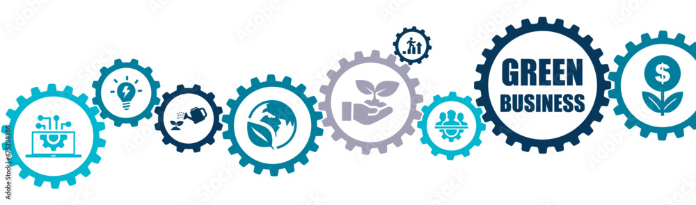 Green business banner vector illustration with the icons of management, success, environment, sustainable development, innovation, ecology, technology, growth, improvement on white background