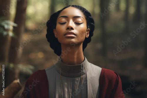 Mindfulness stress releasing concept young woman practicing meditation close with nature Generative AI portrait photo