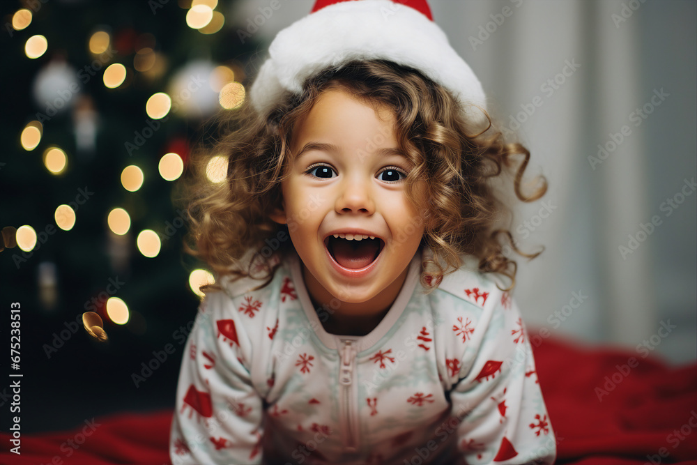 Generative AI portrait of small funny child believe in santa claus waiting christmas gifts presents