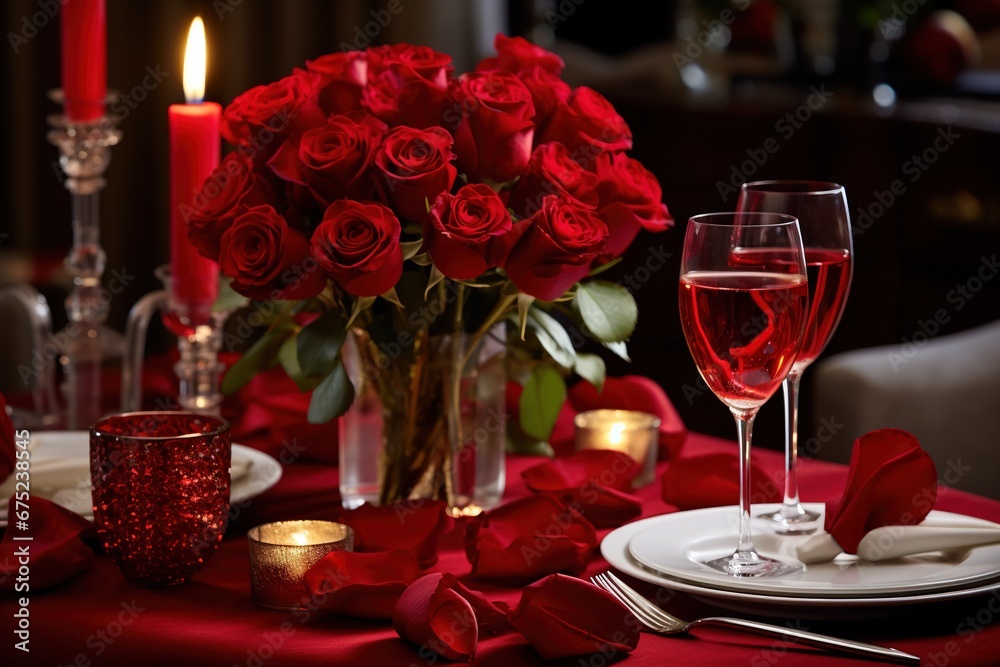 Romantic table setting with red roses, candles and glasses of wine.valentine concept Romantic table setting with red roses, candles and glasses of wine.valentine concept