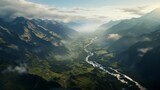 An aerial perspective of a range of majestic mountain peaks, captured from a drone, with winding valleys and rivers below and a sense of vastness, AI generated, Background image