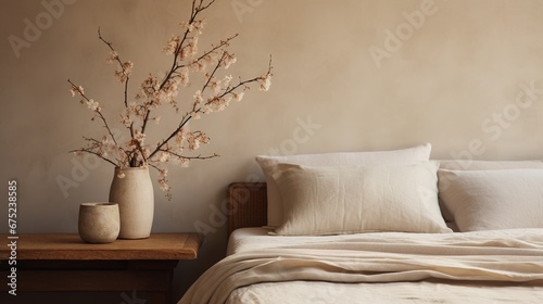 Generative AI, Relaxing bedroom detail of bed with natural linen textured bedding, muted neutral aesthetic colors 