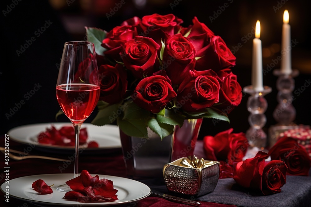 Romantic table setting with red roses, candles and glasses of wine.valentine concept Romantic table setting with red roses, candles and glasses of wine.valentine concept