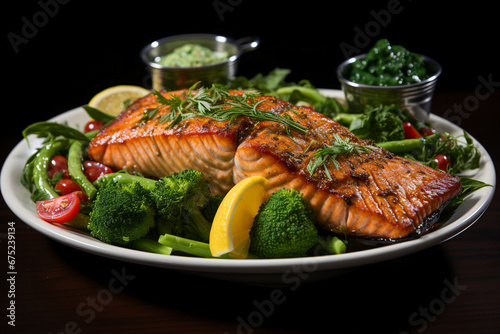 Generative AI image of delicious dinner seafood tasty roasted baked salmon with vegetables