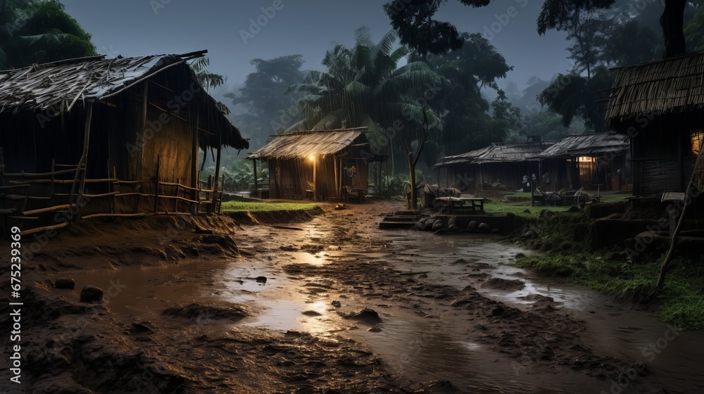 Fototapeta premium Serene Night in a Rural Rainforest Village with Bamboo Huts and Muddy Path