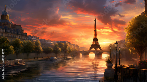 Beautiful Sunset and Sunrise in the Paris - Evening in Paris - Eiffel Tower Paris Generated by AI