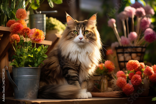 Generative AI picture of fluffy cat pet nature autumn farm garden flowers colorful image