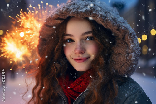 Magic christmas night with snow and fireworks made with Generative AI technology