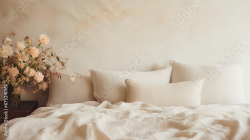 Generative AI, Relaxing bedroom detail of bed with natural linen textured bedding, muted neutral aesthetic colors..