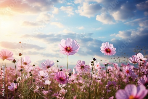 Floral landscape with blooming cosmos flowers beneath a bright morning sky adorned with fluffy clouds and sunlight. Generative AI photo