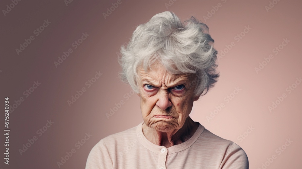 Portrait of a white old female with angry expression against pastel background with space for text, AI generated, Background image Portrait of a white old female with angry expression against pastel background with space for text, AI generated, Background image