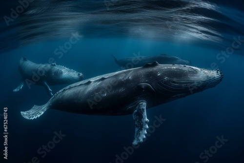 A collection of humpback whales swimming together. Generative AI © Carter