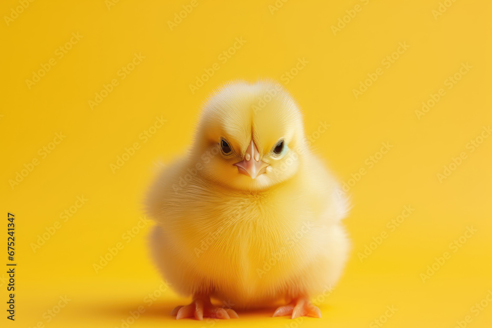 Small yellow chicken in a shell on a yellow background. postcard with copy space, Easter concept Small yellow chicken in a shell on a yellow background. postcard with copy space, Easter concept