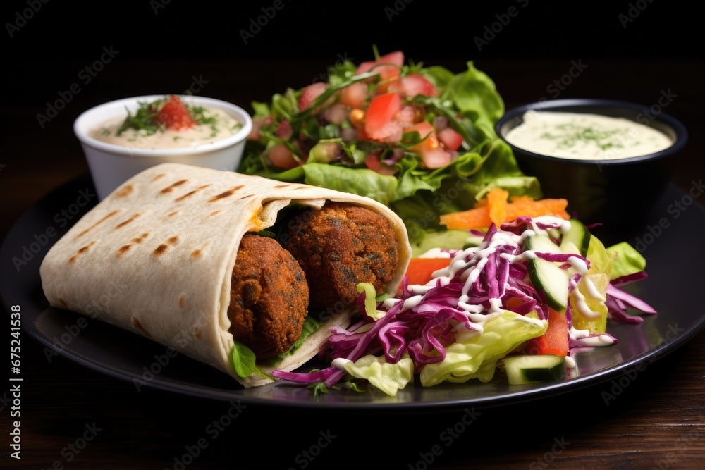 Tortilla with falafel, salad and sauce on wooden background, ortilla wrap with falafel and fresh salad, AI Generated Tortilla with falafel, salad and sauce on wooden background, ortilla wrap with falafel and fresh salad, AI Generated