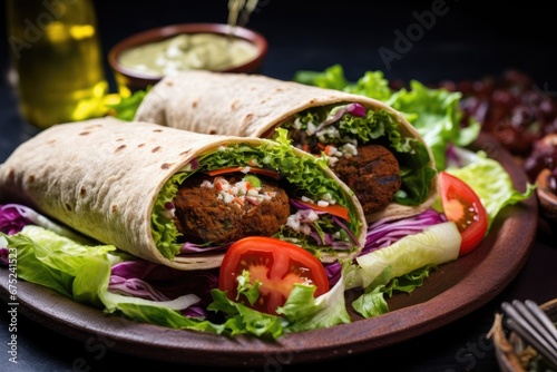 Tortilla wrap with falafel and fresh vegetables on dark background, ortilla wrap with falafel and fresh salad, AI Generated photo
