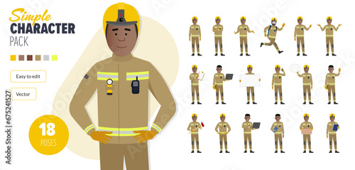 Simple flat black male firefighter vector character in a set of multiple poses. Easy to edit and isolated on a white background. Modern trendy style character mega pack with lots of poses.	