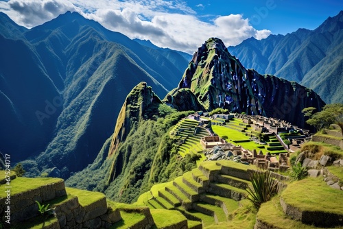 Panoramic view of Machu Picchu, Peru, South America, Overview of Machu Picchu, agriculture terraces and Wayna Picchu peak in the background, AI Generated