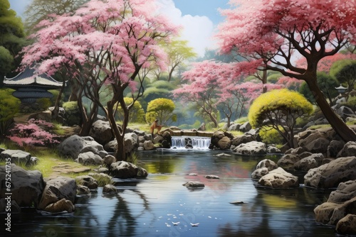 Japanese garden with cherry blossoms in spring time,colorful painting, painting of a japanese garden with sakura tree ultra realistic photrealistic realism, AI Generated