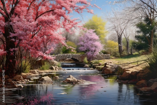 pink cherry blossoms in the garden with a bridge in the background, painting of a japanese garden with sakura tree ultra realistic photrealistic realism, AI Generated