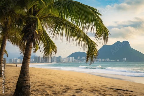 Palm trees on the beach in Rio de Janeiro  Brazil  Palms and Two Brothers Mountain on Ipanema beach  Rio de Janeiro  AI Generated