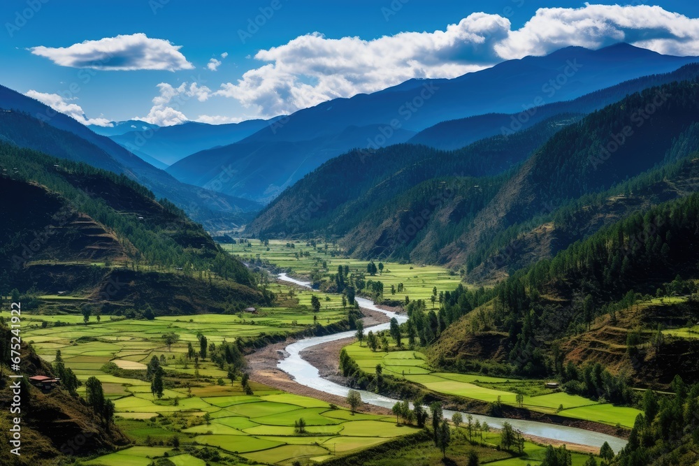 Panoramic view of the valley in Himalayas, Nepal, Panorama view of Paro valley, Bhutan, AI Generated