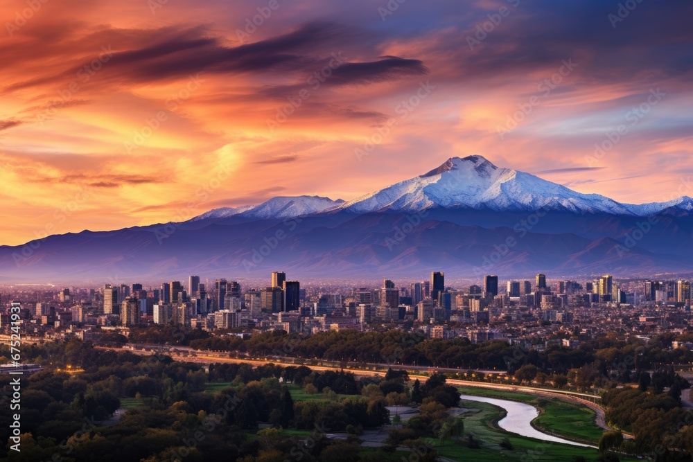 Fototapeta premium Mt. Fuji and cityscape of Nagano at sunset, Japan, Panorama von Santiago, Chile mit Andenkordillere, AI Generated