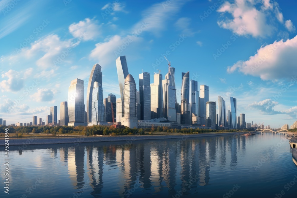 Shanghai skyline in sunny day, China. Shanghai is the capital of China, Panoramic view of Moscow-City and Moscow River. International business center in the daytime, AI Generated