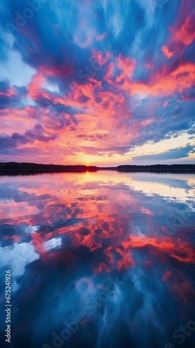A close-up of the reflection of a colorful sunrise in the calm lake, capturing the intricate details of the clouds and the vivid hues of the sky, AI generated, Background image
