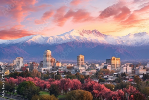 Cityscape of the city with snow capped mountains in the background, Panorama von Santiago, Chile mit Andenkordillere, AI Generated