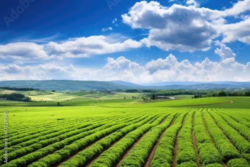 Agriculture in Tuscany  Italy. Green field and blue sky  Panoramic photo of a beautiful agricultural view with pepper and leek plantations  AI Generated