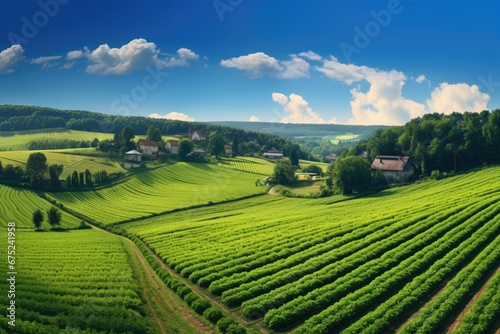 Landscape of vineyards and village in Czech Republic. Rural landscape, Panoramic photo of a beautiful agricultural view with pepper and leek plantations, AI Generated