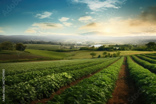 Peanut field at sunset. Beautiful summer landscape in South Korea, Panoramic photo of a beautiful agricultural view with pepper and leek plantations, AI Generated