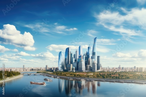 panoramic view of modern city with skyscrapers and river, Panoramic view of Moscow-City and Moscow River. International business center in the daytime, AI Generated