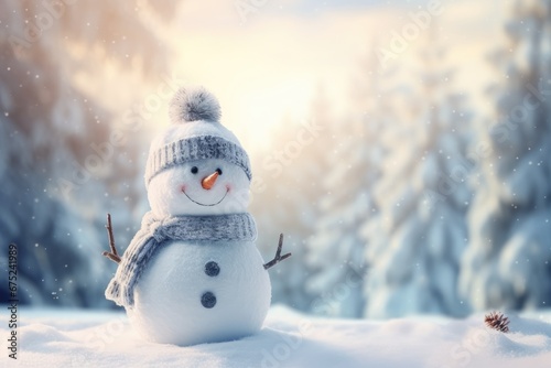 Snowman in winter forest. Christmas and New Year holidays background, Panoramic view of happy snowman in winter secenery with copy space, AI Generated