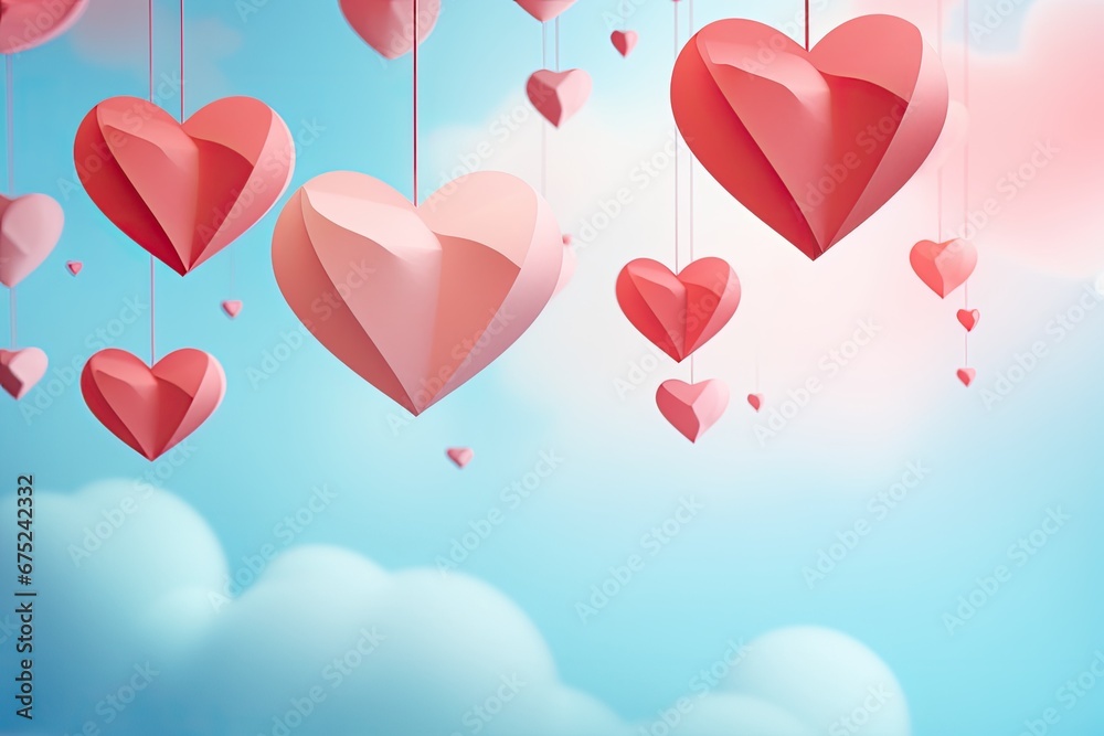 Valentines day background with hearts and clouds. 3d rendering, Paper art of Heart shape hanging from the sky on pastel background, AI Generated