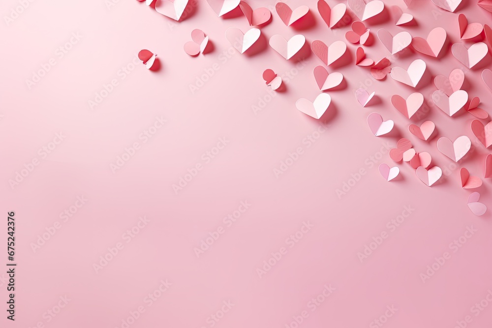 Valentine's day background with pink paper hearts on pink background, Paper pink hearts fly on soft pink color background, border, copy space, AI Generated