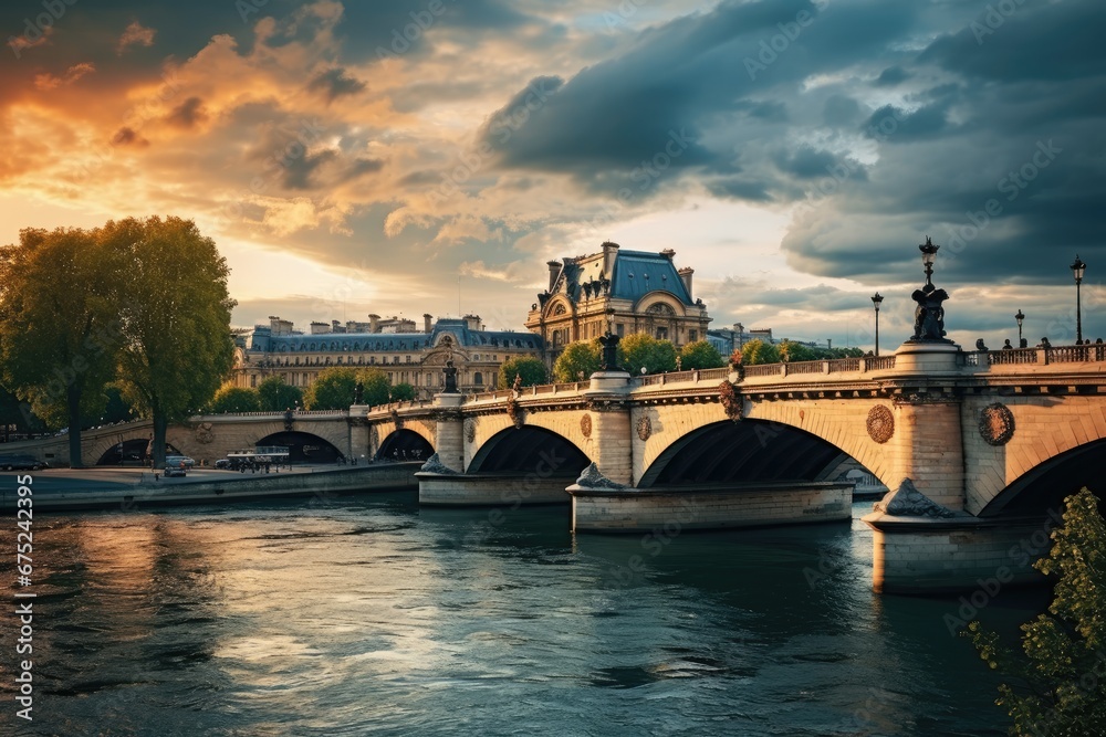 Sunset over Seine river in Paris, France. Toned, Paris France with River Seine - amazing travel photography, AI Generated