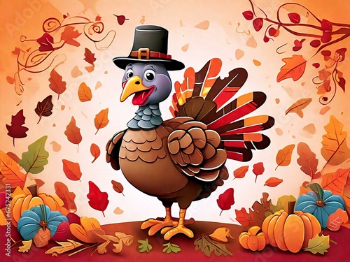 A cheerful cartoon turkey, his playful expression radiates happiness. With beautifully layered plumage featuring warm shades of red, orange and brown, 