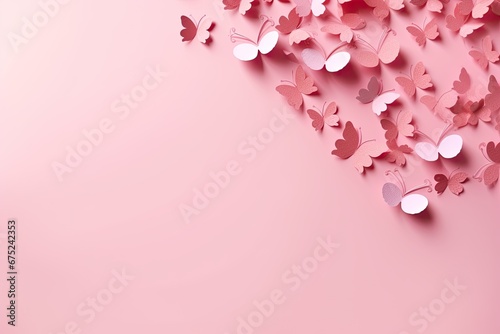 Paper butterflies on pink background with copy space. Valentines day concept, Paper pink hearts fly on soft pink color background, border, copy space, AI Generated