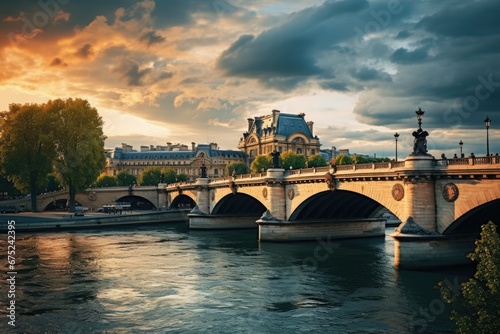 Sunset over Seine river in Paris, France. Toned, Paris France with River Seine - amazing travel photography, AI Generated