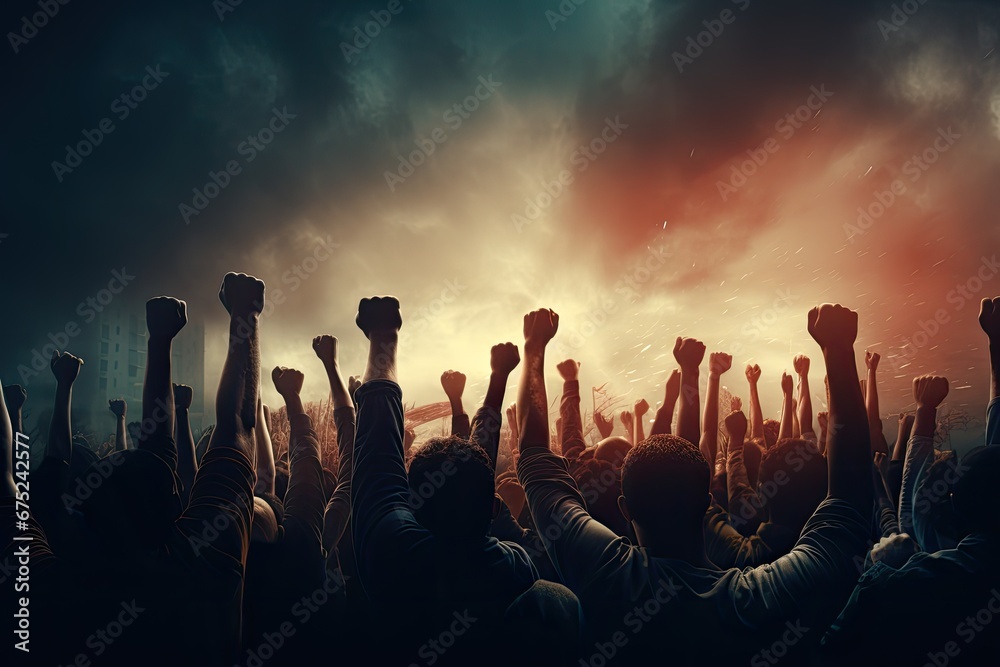 Fototapeta premium Concert crowd raising their hands in the air at a music festival, People raised hand to Protest, AI Generated