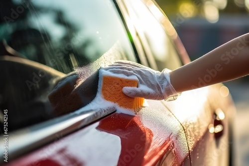 Hand of a woman in a white glove washes the car with a sponge, People hand close up cleaning car with a sponge at the car wash, AI Generated photo