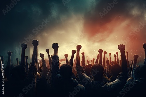 Concert crowd raising their hands in the air at a music festival, People raised hand to Protest, AI Generated