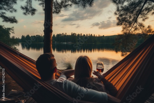 Couple sitting in hammock and drinking wine on the lake at sunset, person view couple resting at camping woman laying in hammock with beautiful view of forest lake, AI Generated