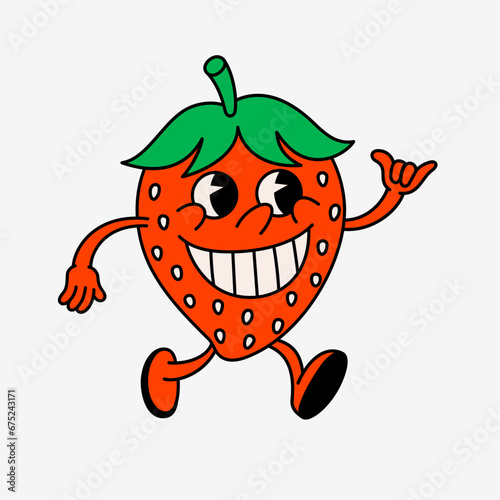 Retro style cartoon strawberry character with smile. Groovy vintage 70s berry character with funny face showing shaka gesture.