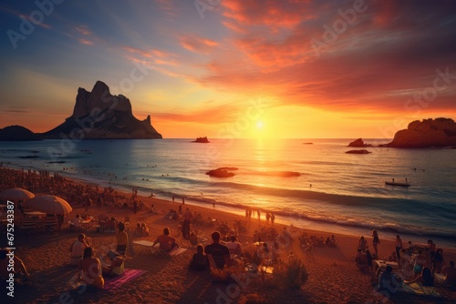 Beautiful sunset in Cala Figuera beach, Ibiza, Spain, Picturesque view of Cala d'Hort tropical Beach, people hangout in beautiful beach with Es Vedra rock, AI Generated