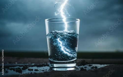 Storm inside a glass of water, with a cloudy background